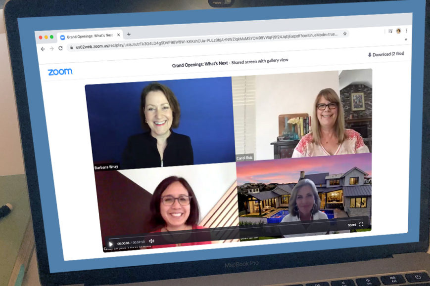 A laptop screen is open with 4 women on a zoom webinar.