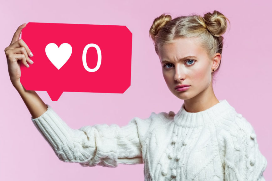 Girl holding a conversation bubble with "0 likes"