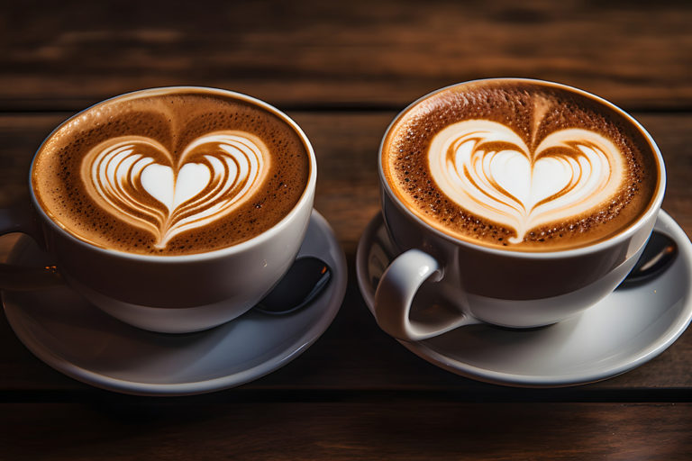 A pair of coffee cups with heart-shaped foam on a cozy morning.